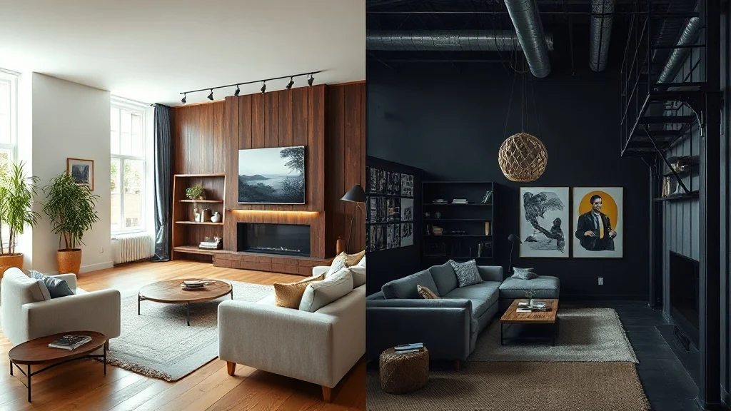 Ten sam salon w dwóch stylach — skandynawskim i industrialnym — wygenerowanych przez AI ze zdjęcia