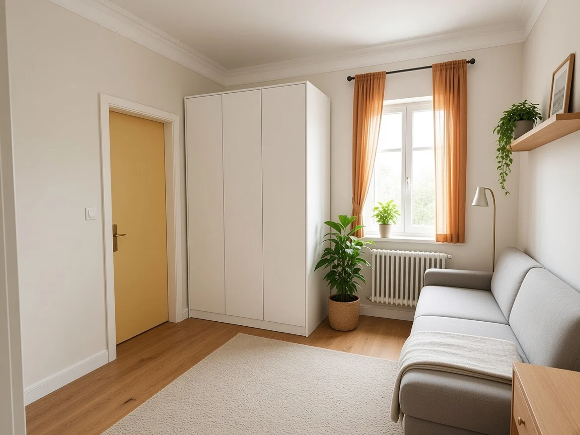 Mały pokój po wizualizacji AI — nowoczesny minimalizm, biała zabudowa i jasna sofa