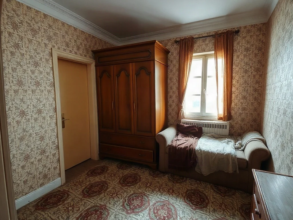 Mały pokój przed wizualizacją AI — tapeta we wzory, masywna szafa i wersalka
